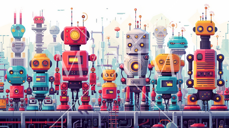 ロボティクスとAI：ロボット工場、人工知能の開発。