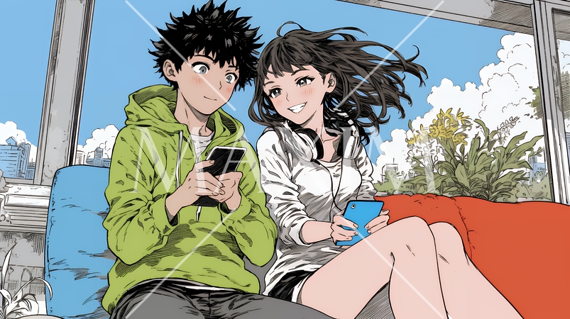 幸せそうに一緒にスマホを見る若いカップル