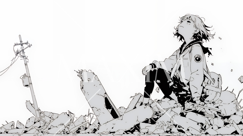 震災や空爆などで破壊された街で孤独に立ちすくむ若い女性（シンプルな色合い）