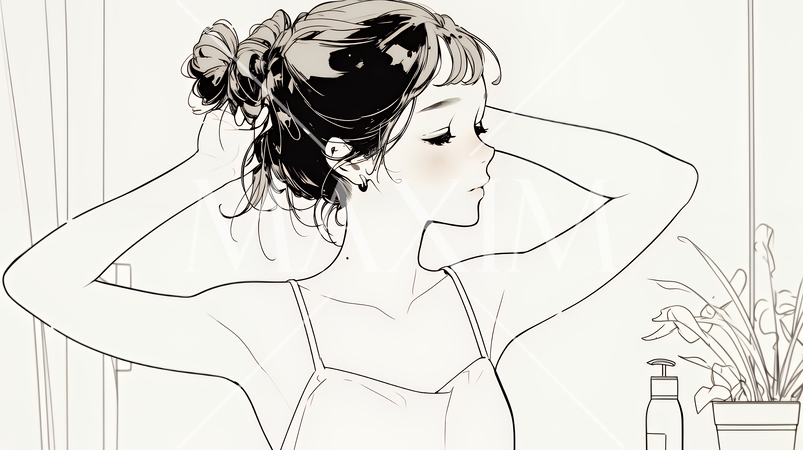 朝支度：洗面所で髪をまとめている若い女性（シンプルな色使い）