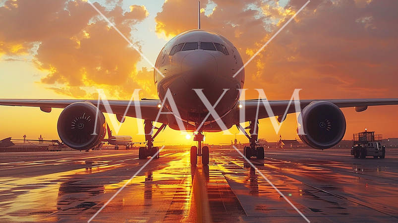 夕日を背に駐機場で出発の待機をしているジェット旅客機