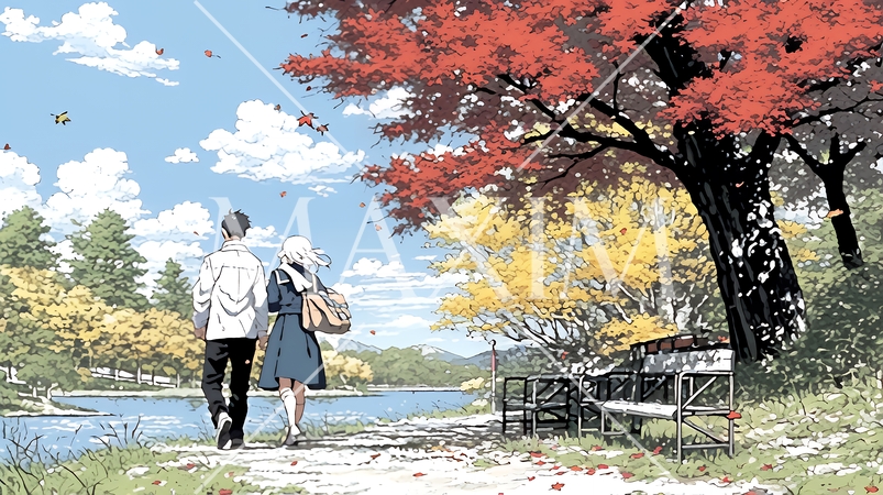 水辺の紅葉の小径でデートしている若いカップル