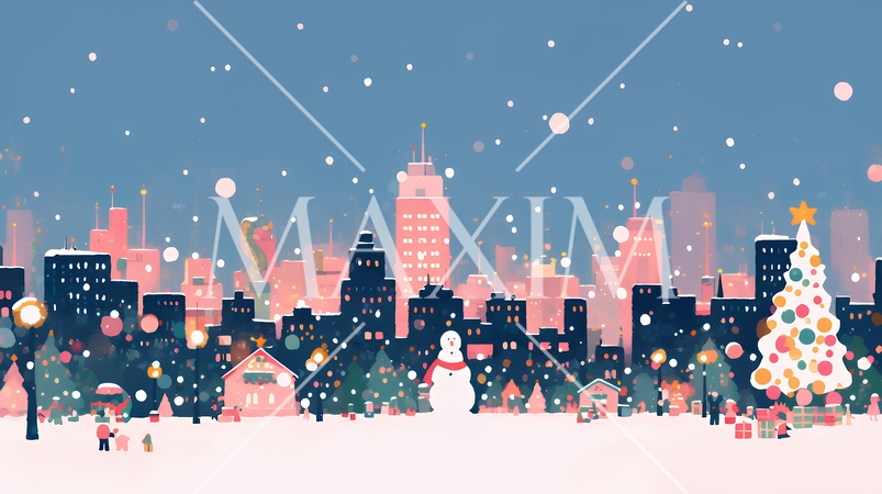 イルミネーションが彩るホワイトクリスマスの都会（ポップでキュートな表現）