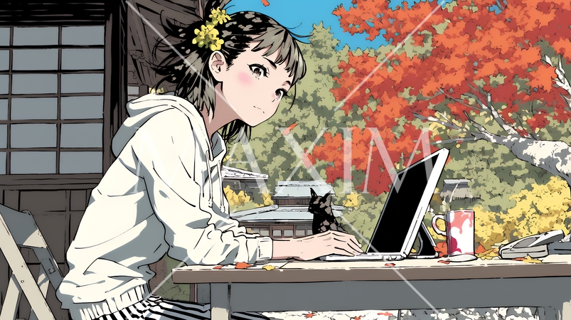 美しい紅葉の中でもPCを手放せない若い女性