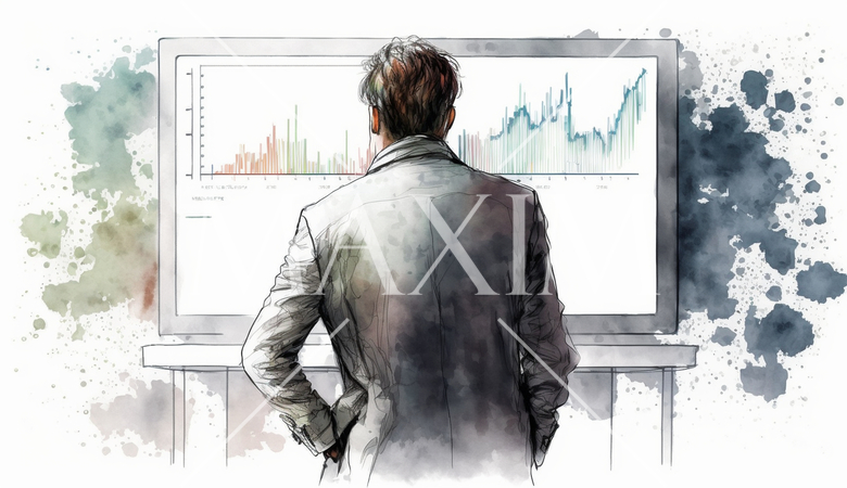 モニターに表示された株価チャートと注文画面を見つめる男性トレーダーの後ろ姿。