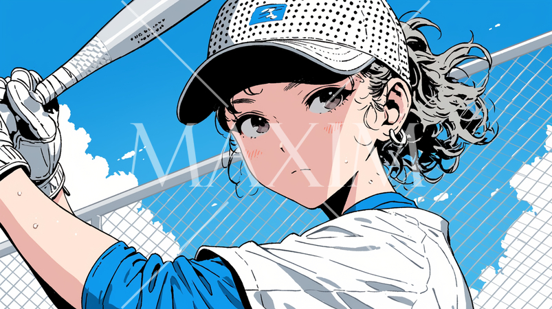 野球をしている若い女性：バットを持ってまさにボールを打とうとしている