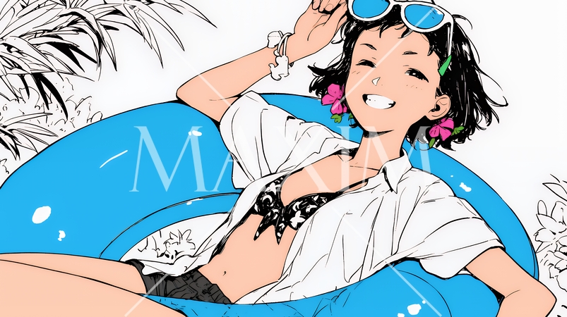 夏休みの思い出：友達と海水浴に行く（シンプルな色使い）