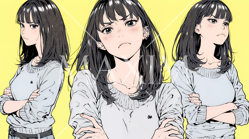 頬を膨らませ、腕を組んでイライラしている女性