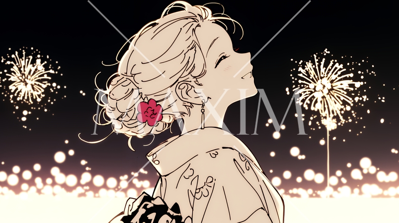 打ち上げ花火を見ている浴衣を着た若い女性（シンプルな色使い）