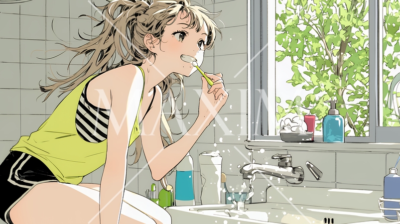 洗面所で朝の歯磨きをする若い女性