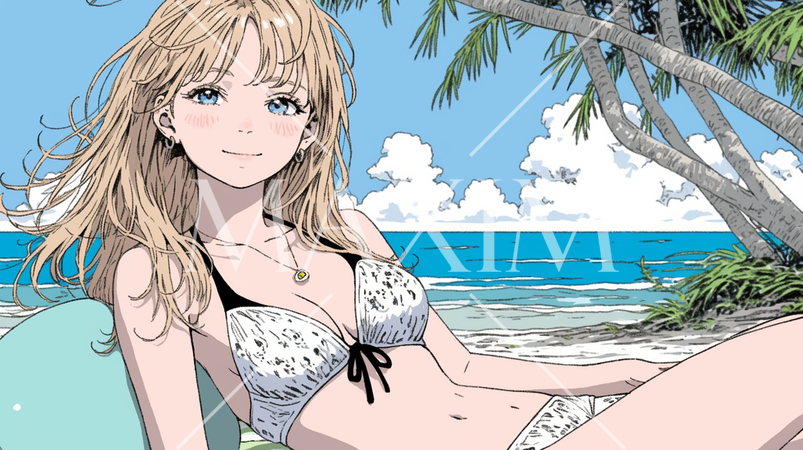 南国の海岸にビキニ姿でいる若い女性