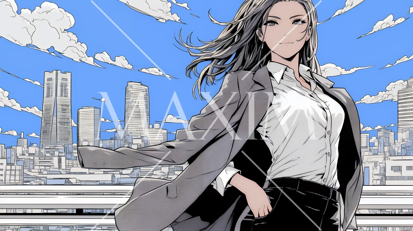 自信満々に晴天の都会の街を歩いているビジネスウーマン