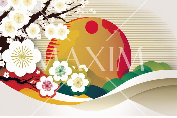 年賀状の図版：初日の出、梅、松、松竹梅