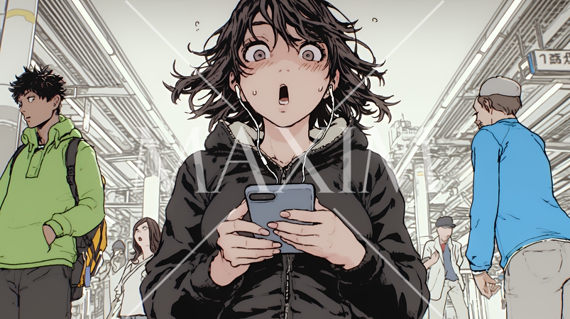 スマホの画面を見て驚いている若い女性