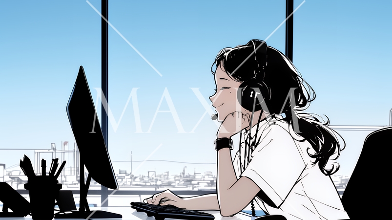 代的なコールセンターのオフィスで働く女性オペレーター（シンプルな色使い）