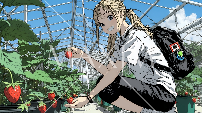 いちご狩りをしている若い女性