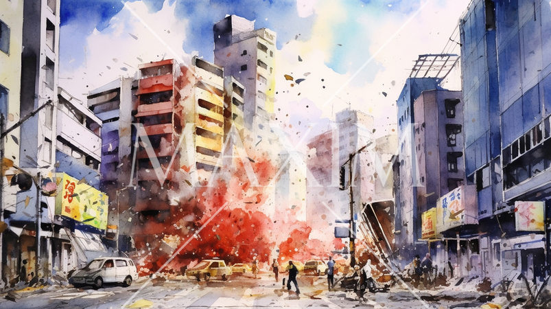 都市を直撃する地震：都市直下型地震の水彩画