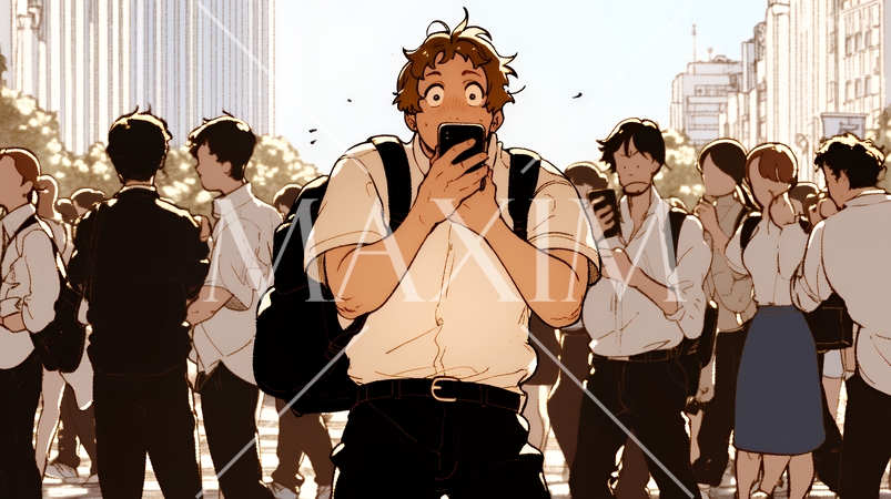 スマホの画面を見て驚いている若い男性（シンプルな色使い）