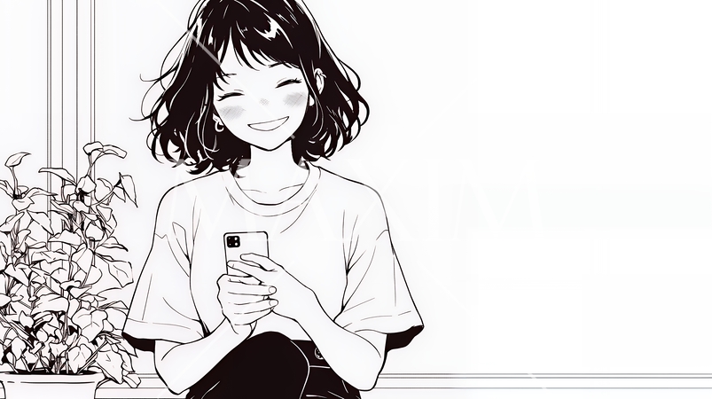 楽しそうにスマホ画面を眺めている若い女性（シンプルな色使い）