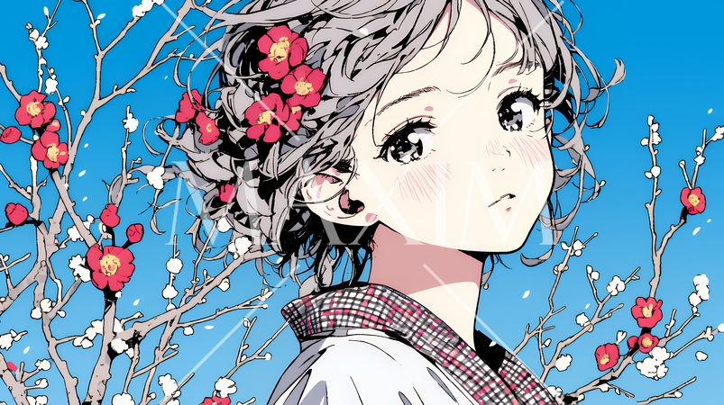 満開の梅の花と和服姿の若い女性