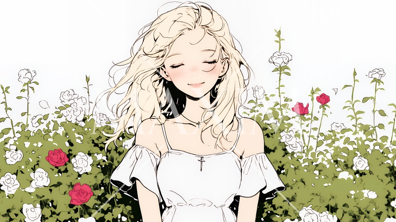 バラ園を散策している若い女性（シンプルな色使い）