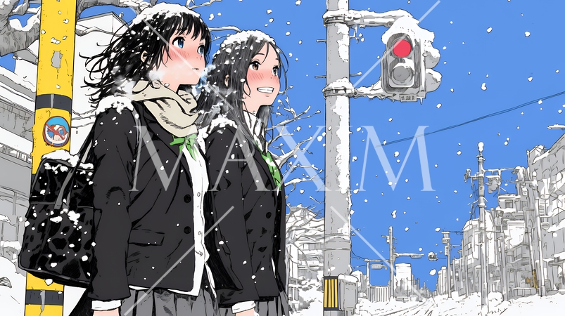 雪の日に友達と通学する女子高生