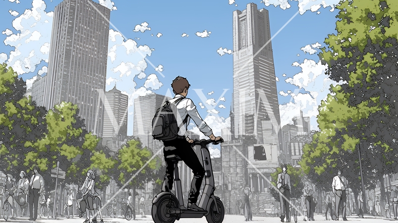 特定小型原付で都会を移動するビジネスパーソン