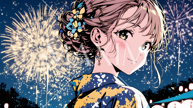 打ち上げ花火を見ている浴衣を着た若い女性