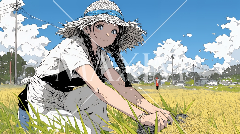 田んぼで農作業をしている女性