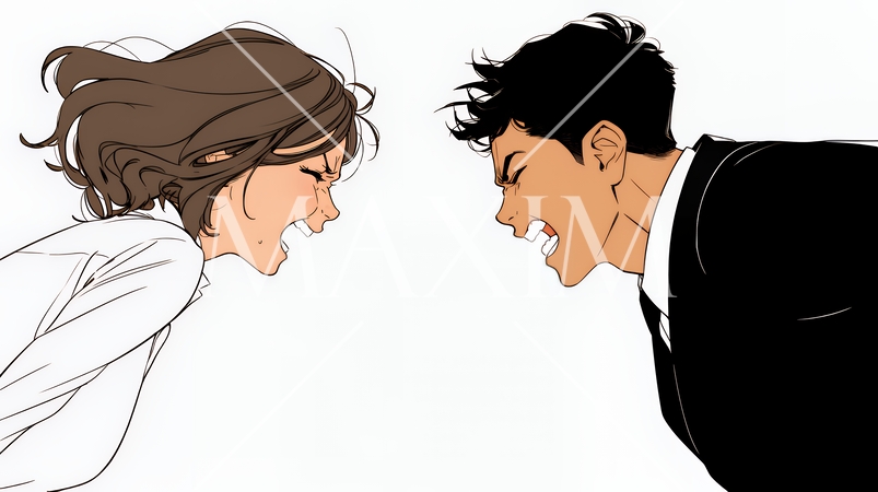 オフィスで言い争いをしているビジネスパーソン（シンプルな色使い）