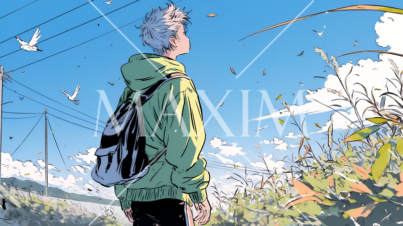 秋の野山をハイキングしている若い男性