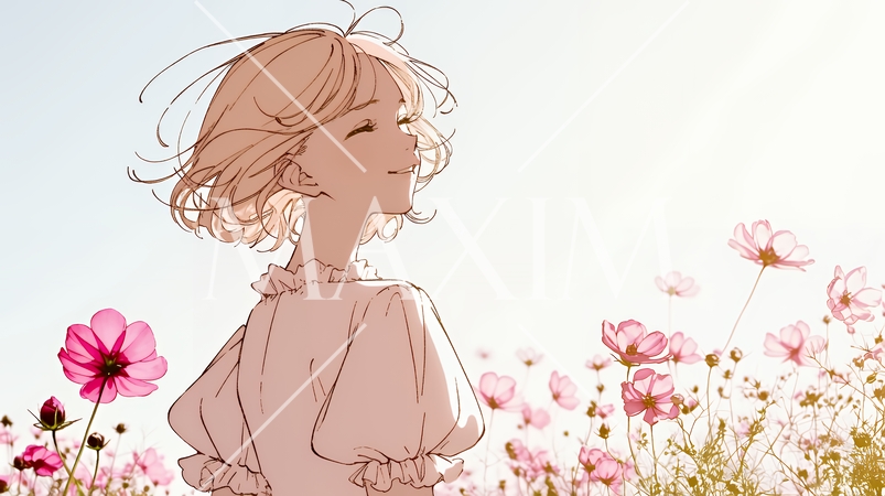 コスモス畑にいる若い女性（シンプルな色使い）