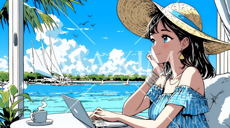 ワーケーション：休暇を楽しみながら仕事をしている女性