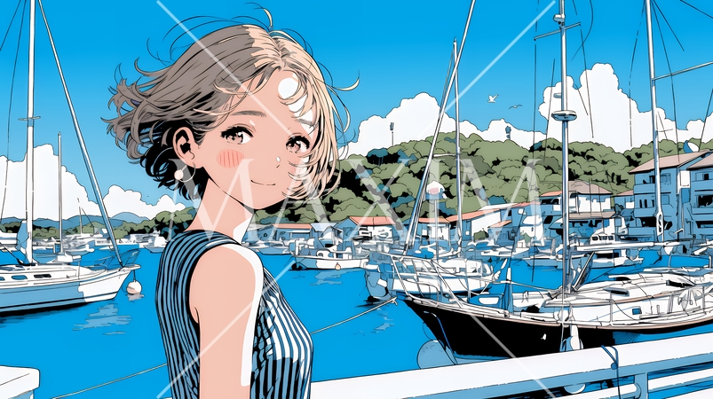 沖縄のヨットハーバーに立つ若い女性