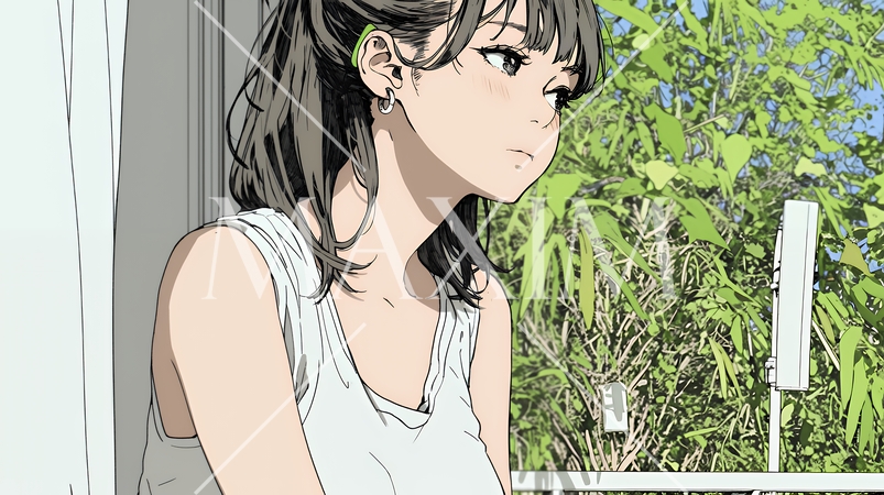 朝、カーテンを開けて天気を確認する若い女性