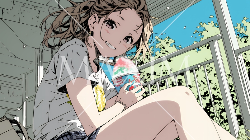 夏空の下でかき氷をたべる若い女性