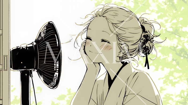 暑い夏の昼下がり、扇風機にあたって涼んでいる若い女性（シンプルな色使い）