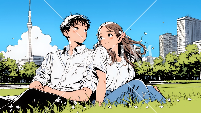 新緑の芝生が広がる都会の公園でくつろぐ若い男女