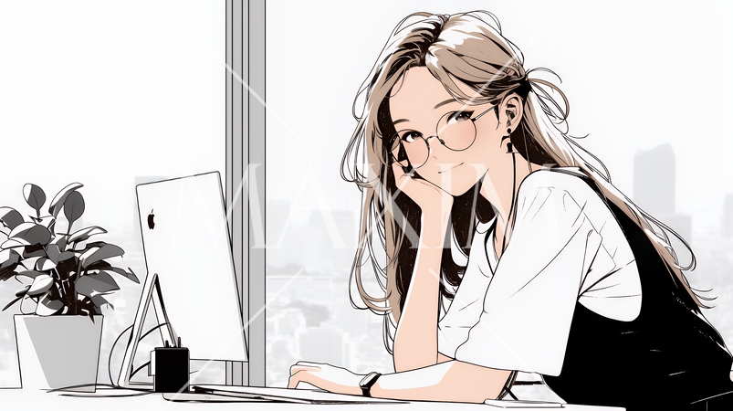 職場のデスクでパソコンに向かって仕事をしているビジネスウーマン（シンプルな色使い）