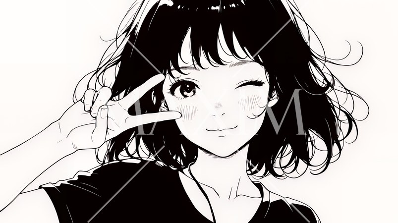 アイドルのように顔の横でピース＋ウィンクしている若い女性（シンプルな色使い）