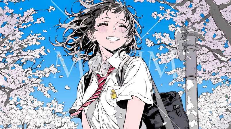 満開の桜の木の下を歩く制服姿の女子高生