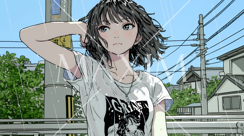 夏の急な雨でびしょ濡れの若い女性