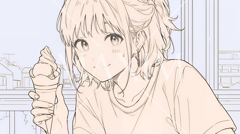 夏空の下でソフトクリーム（コーンに乗ったアイスクリーム）をたべる若い女性（シンプルな色使い）