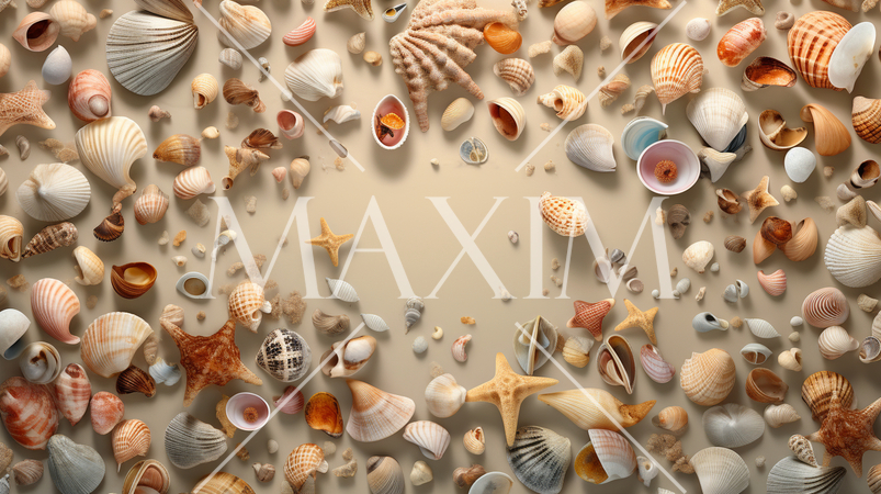色々な貝殻が並べられた背景画像：精緻CG画像