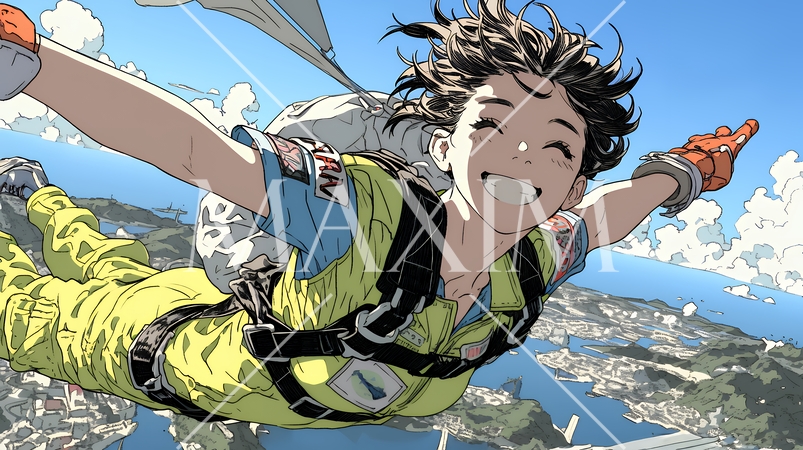 スカイダイビングをしている若い女性