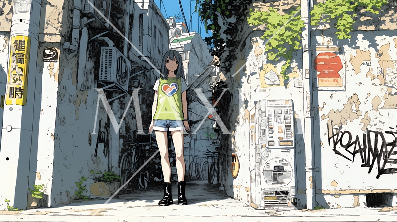 都会の治安の悪そうな場所にいる若い女性