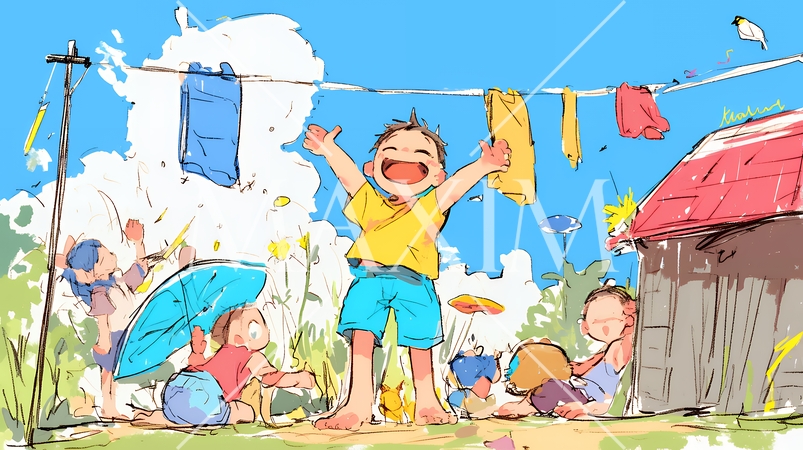 小学生の夏の思い出：友達とピクニック（クレヨン＋水彩画風）