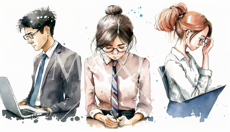 机に向かって忙しそうにしているビジネスマンたち