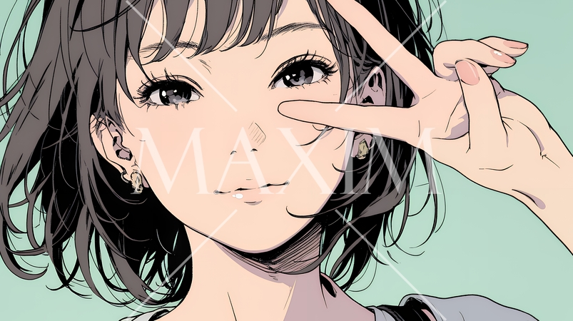 笑顔でピースサインを見せる若い女性