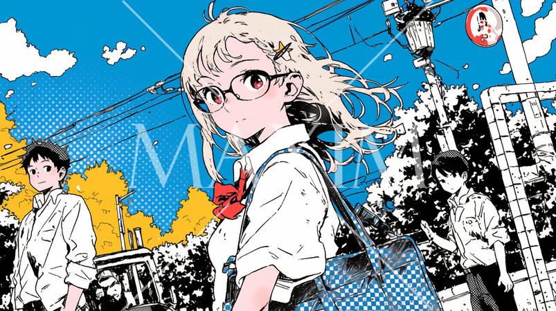 夏休みの登校日、元気に登校するメガネっ娘女子高生